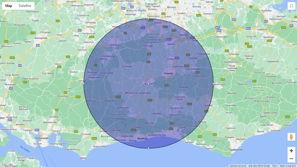 screenshot of 20 mile radius of horsham